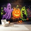 Custom Size Wall Murals Whimsical Pumpkin JackoLantern Black Cat Violet Ghost Graffiti Street Art Self-Adhesive Wall Fabric Removable Large Wallpaper Wall Decor