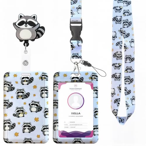Cute Cartoon Raccoon ID Badge Holder with Breakaway Lanyard & Retractable Badge Reel, Vertical Waterproof Card Holder for Nurse Teacher Student Office Work Name Tag ID Card (Raccoon-01)