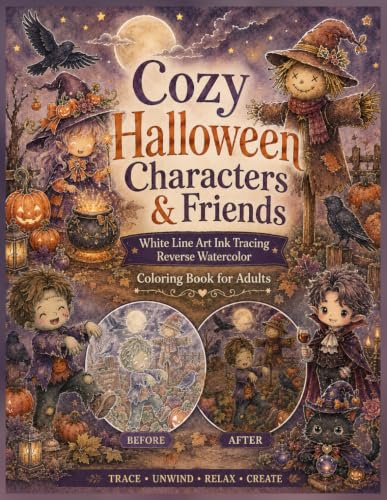 Cute Cozy Halloween Characters & Friends White Line Art Ink Tracing Reverse Watercolor Coloring Book for Adults: Trace Whimsical Halloween Characters ... & Paintings Reverse Watercolor Coloring Book)