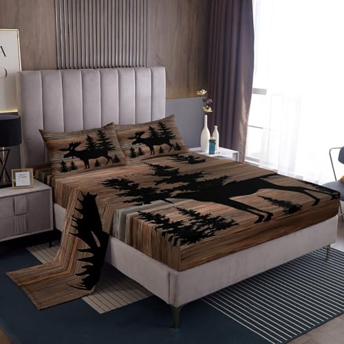 Cute Deer Sheet Set for Girls Boys Kids Deer Hunting Sheets with Deep Pocket Fitted Sheet Room Decorative Botanical Tree Wood Grain Pattern Bed Sheets Set Brown Black Bedding Set Twin Size 4Pcs