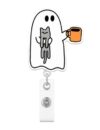 Cute Ghost Cat Halloween Badge Reel, Funny Spooky Retractable ID Holder with Coffee Mug Design for Nurse Teacher Office Staff