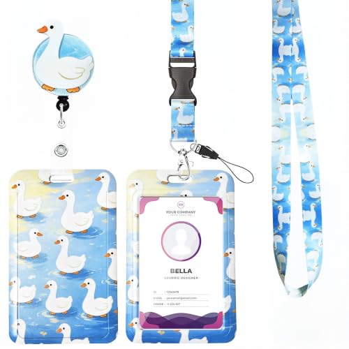 Cute White Goose ID Badge Holder with Breakaway Lanyard & Retractable Badge Reel, Vertical Waterproof Card Holder for Nurse Teacher Student Office Work Name Tag ID Card (White Goose)