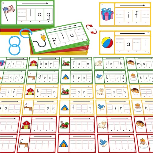 CVCC & CCVC Word Writing Cards, 81 Double-Sided Handwriting Cards 3-Level Words Spelling Flashcards Phonics Sight Words Early Educational Tool for Kids 3 4 5 Years Old (3 Plastic Rings Included)