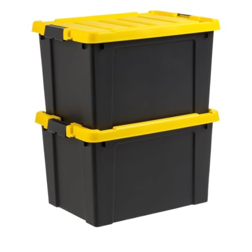 CXWSEDT 2-Pack 19 Gallon Black Plastic Storage Totes With Latching Lids, Heavy Duty Stackable Bins With Reinforced Handles, Dust Moisture Resistant Container For Garage, Basement, Tool And Seasonal
