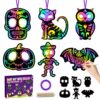 CY2SIDE 60PCS Day of The Dead Skeleton Scratch Card Gift Set for Kid, DIY Mexican Fiesta Scratch Paper Kit for Student School Activity, Magic Art Rainbow Color Craft for Children Halloween Party Favor