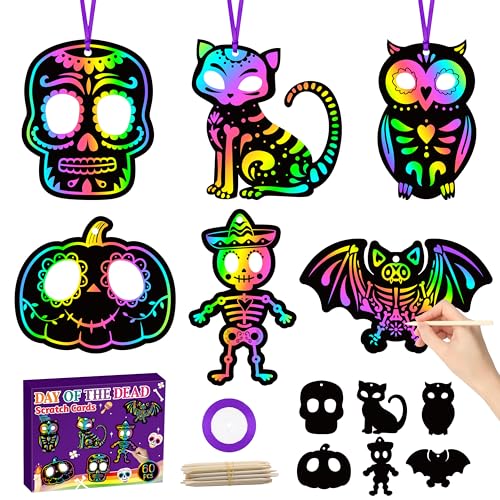 CY2SIDE 60PCS Day of The Dead Skeleton Scratch Card Gift Set for Kid, DIY Mexican Fiesta Scratch Paper Kit for Student School Activity, Magic Art Rainbow Color Craft for Children Halloween Party Favor