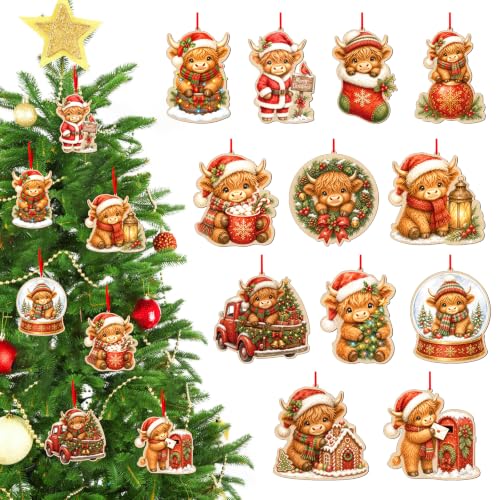 D24TIME Highland Cow Christmas Ornament - 12PCS Vintage Wooden Decor
