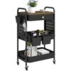 danpinera 3-Tier Rolling Cart, Metal Rolling Storage Cart with Wooden Table Top & DIY Pegboards, Storage Cart with Wheels, Hooks & Hanging Cups, Storage Organizer Cart Craft Art Cart, Black