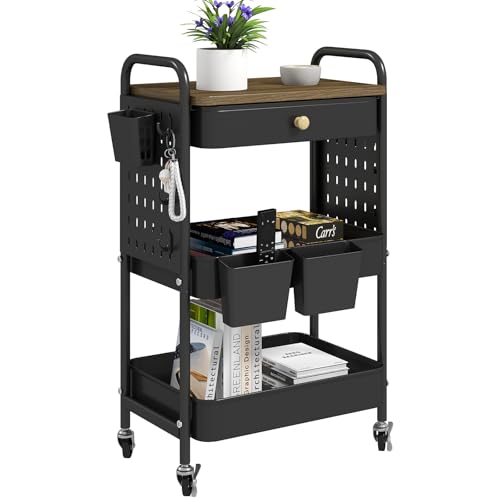 danpinera 3-Tier Rolling Cart, Metal Rolling Storage Cart with Wooden Table Top & DIY Pegboards, Storage Cart with Wheels, Hooks & Hanging Cups, Storage Organizer Cart Craft Art Cart, Black