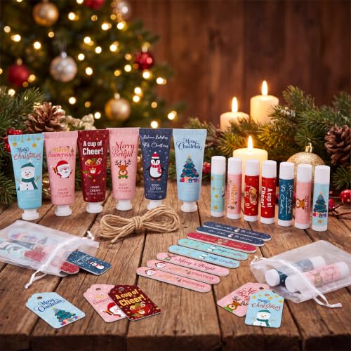 Dansib 12 Sets Christmas Party Favors Christmas Hand Cream Body Lotion Lip Balm Nail File Gift Sets Xmas Stocking Stuffer Travel Size Lotion Bulk Holiday Party Supplies for Coworker Women Adult