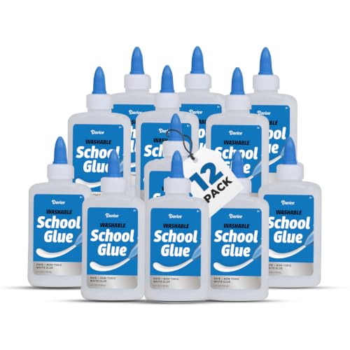 Darice Washable School Glue 4oz - 12-Pack White Liquid Glues for Kids - Extra-Strong for Slime, Arts and Crafts, Back to School Supplies - Glue Bottle with Adjustable Twist Closure