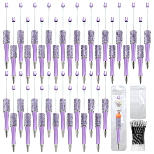 DASTTUIS 150 Pcs DIY Diamond Beadable Pen Kit - 50 Plastic Rhinestone Beaded Pens Bulk with Refills & Bags - Fancy Cute Glitter Pens for Crafting, Students & Teachers – School Supplies (Purple)