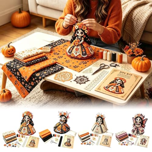 Day of the Dead Patchwork Doll DIY Kit,Halloween Skull Sewing Craft Set for Adults,Beginner Friendly Gothic Fabric Doll Making Supply,Fall Home Party Decor,Handmade Collecting Ornament Gift,A