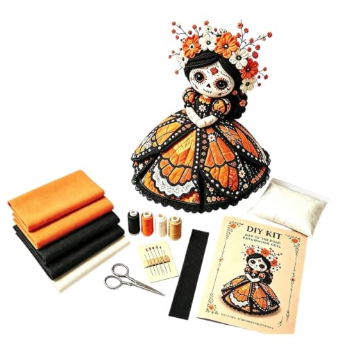 Day of the Dead Patchwork Doll DIY Kit,Halloween Skull Sewing Craft Set for Adults,Beginner Friendly Gothic Fabric Doll Making Supply,Fall Home Party Decor,Handmade Collecting Ornament Gift,D