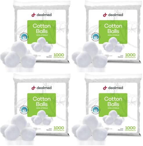 Dealmed 1000 ct. Cotton Balls for Face, Makeup, Medical Uses, & DIY Crafts | Non-Sterile Bulk Pack | Resealable Zip-Locked Bag | 100% Pure Cotton, Soft, Absorbent, Gentle (Pack of 4)