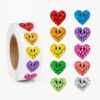 DeBiao 1000PCS Smiling Glitter Heart Shape Stickers, 1inch, 10 Colored Sparkly Foil Happy Stickers, Rewarding Student Behaviour, School Classroom Teacher