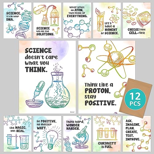 Decorably 12 Science Quotes Posters for Classroom, 8.5x11in Educational, Matte-Laminated School Decor - for Hallways, Bulletin Boards, Home Study Room