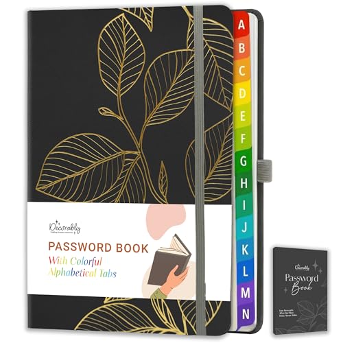 Decorably 240 Pages Charcoal Gray Gold Foil Password Books for Seniors with Alphabetical Tabs - 5.7 x 8.5in PU Leather with Pen Holder, Hardcover, Ribbon Bookmark, Back Pocket - School, Office, Home