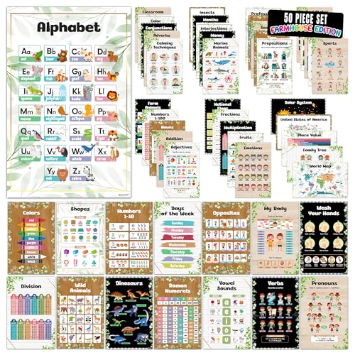 Decorably 50 Farmhouse Theme Kindergarten Posters for Homeschool, 11x17in Matte-Laminated Preschool Educational Toddler Learning Decor - Classrooms, Hallways, Bulletin Boards