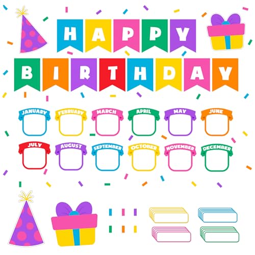 Decorably 89 Pcs Cutouts Confetti Happy Birthday Bulletin Board Decorations Set with Borders - Gloss-Laminated Cardstock, Easy-to-Write-on & Erase, for Classroom, School Hallways, Education Centers