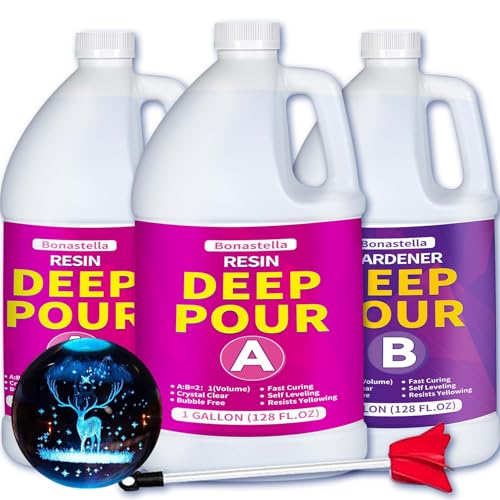 Deep Pour Epoxy Resin - 1.5 Gallon Crystal Clear Resin Epoxy Kit for 2-4" Pour Depths: Not Yellowing and No Bubble Self Leveling, for River Tables, Flower Preservation, and Mold Crafts Mix 2:1 Ratio