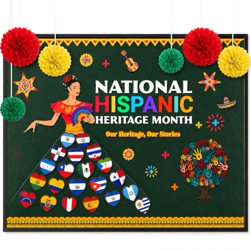 Defresit Hispanic Heritage Month Bulletin Board Decorations, 1.64 x 9.84Ft Spanish Classroom Blackboard Decor with Paper Pom Poms, 21 Latino Country Flag Hearts, Hispanic Heritage Month Party Supplies