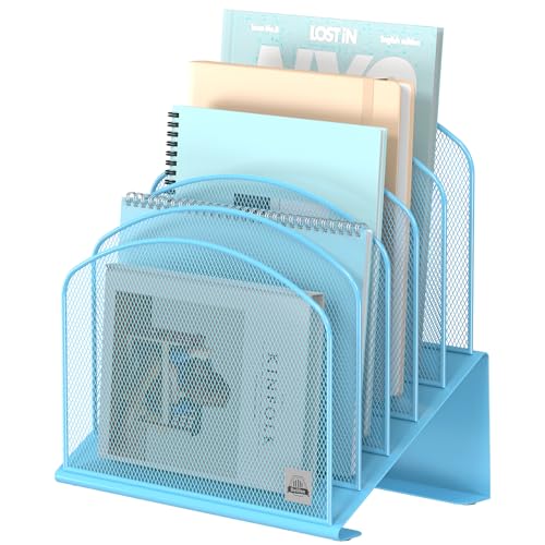Delifox Inclined Desk File Organizer,Vertical File Folder Holder Stand Metal Rack File Sorter for Office Classroom Desktop Organization (1, Blue, 5)