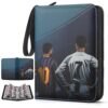 Deoyibu Soccer Card Binder Fits 440 Cards,4-Pocket Trading Card Binder,3 Ring Card Holder Binder with Zipper,Double-Sided Cards Storage with 55 Removable Sleeves(navy blue)