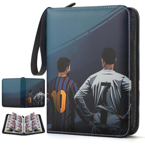 Deoyibu Soccer Card Binder Fits 440 Cards,4-Pocket Trading Card Binder,3 Ring Card Holder Binder with Zipper,Double-Sided Cards Storage with 55 Removable Sleeves(navy blue)