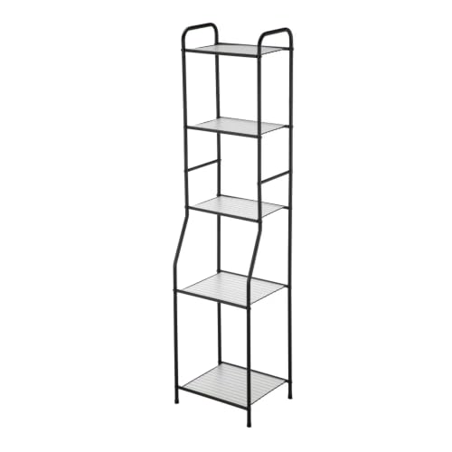 DESIGNSCAPE3D Bathroom Storage Tower, 5 Tier Freestanding Organizer with Matte Black Steel Frame, Vertical Space Saver Shelf Unit for Toilet Paper, Toiletries, Bathroom Essentials