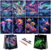DESINIK Rainbow Scratch Painting Art for Adults & Teens –Glow in The Dark Scratch Rainbow Art Paper, Creative Scratch Painting Kit, Stress Relief for Scratch Art Home/Office Décor (Whale&Jellyfish)
