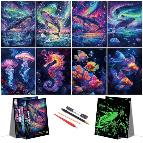 DESINIK Rainbow Scratch Painting Art for Adults & Teens –Glow in The Dark Scratch Rainbow Art Paper, Creative Scratch Painting Kit, Stress Relief for Scratch Art Home/Office Décor (Whale&Jellyfish)