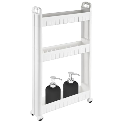 Deskium 3 Tiers Slim Rolling Storage Cart, 3.5 Inches Slim Slide Out Bathroom Organizer Cart with Wheels, Narrow Mobile Utility Cart for Laundry Room, Kitchen, Office, Sturdy Tiered Storage Rack