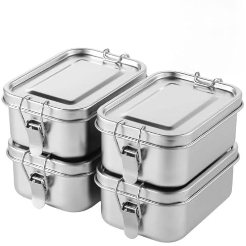 Deskium 4 PCS Bento Boxes, 550 ML Stainless Steel Lunch Boxes with Locking Clips, Portable Metal Lunch Containers, Reusable Food Storage Containers, Dishwasher Safe Lunch and Snack Boxes