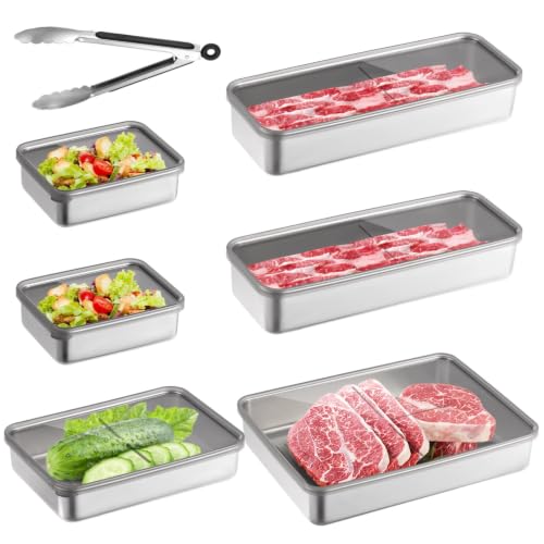 Deskium 6 PCS Bacon Cheese Containers, Stainless Steel Airtight Meat Storage Containers in 4 Sizes, 400 ml to 2000 ml, Dishwasher Safe Fridge Containers with Plastic Lids and Tongs