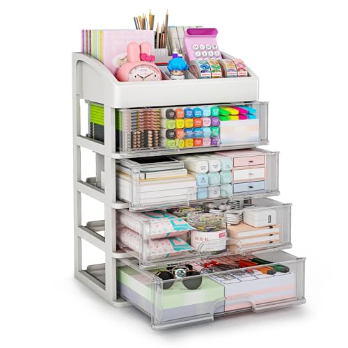 Desk Organizer with 4 Drawer Storage, Desktop Drawers Organizer for Office/School Supplies, Plastic Stationary Makeup Organizer, Desk Storage Box Organizer for Office, School, Bathroom