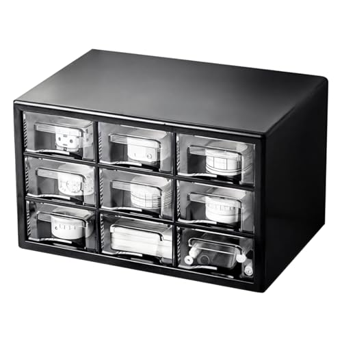 Desk Organizer with 9 Drawer Design, Large Black Plastic Storage Box, Stackable and Wall Mountable, for Office and Home Use, Compact Dust Proof Organizer for Sorting Supplies and Accessories