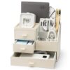 Desk Organizer with Drawer, Leather Nightstand Organizer for Women, Beige