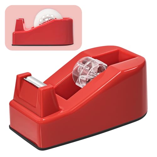 Desktop Office Tape Dispenser, Fits Standard 1-Inch Core Tapes, Weighted Non-Slip Base, Sharp Metal Blade, Smooth Cutting, Adhesive Roll Holder for Office, School, Shop, Home & Business - Red