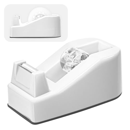 Desktop Office Tape Dispenser, Fits Standard 1-Inch Core Tapes, Weighted Non-Slip Base, Sharp Metal Blade, Smooth Cutting, Adhesive Roll Holder for Office, School, Shop, Home & Business - White