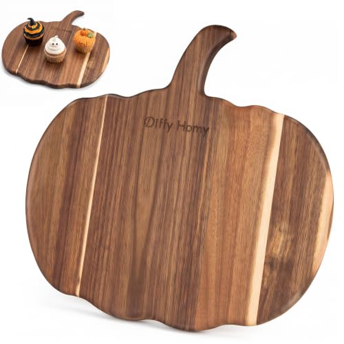 Diffy Homy Pumpkin Cutting Board Wood, Acacia Wood Pumpkin Shaped Charcuterie Board with Handle, 13" x 11.8" Halloween Fall Kitchen Decor, Gothic Serving Platter & Thanksgiving Hostess Gift