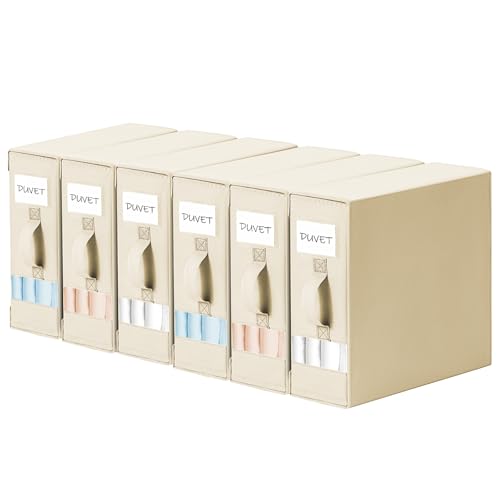 DIMJ Bed Sheet Organizers and Storage 6 Pack - Foldable Sheet Holder for Linen Bedding Storage Box for organization, Sheets Set Holder for Blanke, Towel (King & Queen Size), Beige
