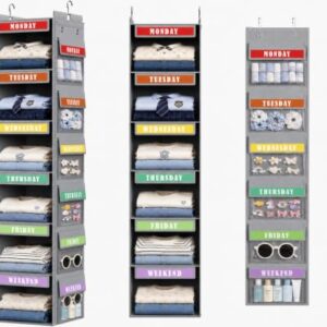 DIMJ Hanging Closet Organizer 2 in 1 - Weekly Clothes Organizer for Kids Over the Door Organizer 6-Shelf Daily Monday Friday Weekend Hanging Shelves, for School Outfits, Baby Clothes, Grey