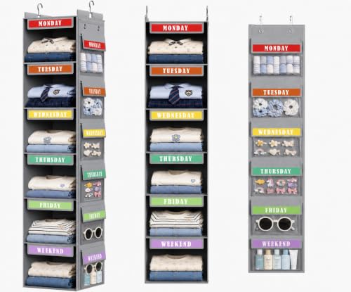 DIMJ Hanging Closet Organizer 2 in 1 - Weekly Clothes Organizer for Kids Over the Door Organizer 6-Shelf Daily Monday Friday Weekend Hanging Shelves, for School Outfits, Baby Clothes, Grey
