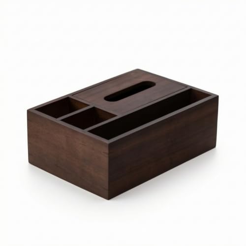DimyFew Tissue Holder Tissue Box Organizer Dispenser Storage Walnut Wood Unit with Storage Slots for Pens Remotes and Office, New Chinese Style Walnut Wood Multifunctional Tissue Box - Square Corner
