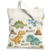 Dinosaur Roar Watercolor Illustration Canvas Tote Bag 13x15 Inch