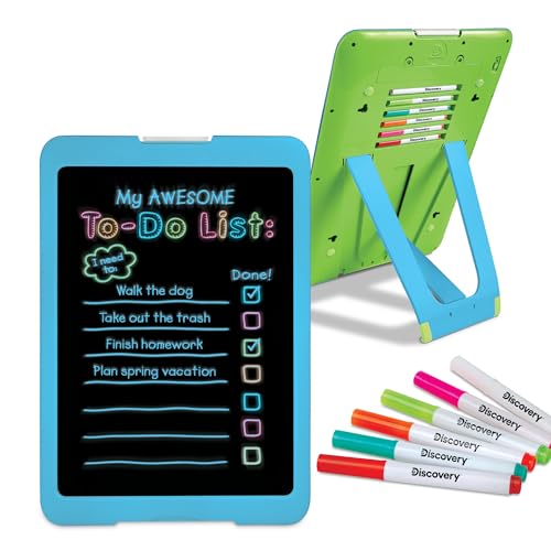 Discovery Neon Glow Drawing Easel w/ 6 Color Markers, Built-in Kickstand/Wall Mount, 5 Light Modes, Easy Clean/Washable, Wide Screen, Flat Storage, Portable Travel Activity, Electronic Activity