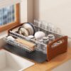 Dish Drying Rack, 304 Stainless Steel Over The Sink with Rubberwood Side Panels and Drain Tray for Kitchen Counter