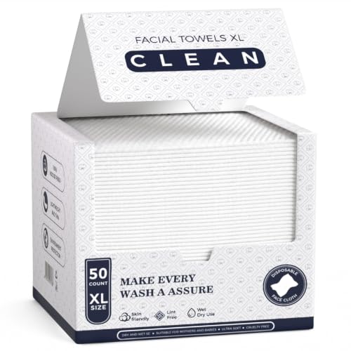 Disposable XL Face Towels 10"×12", Extra Thick Ultra Soft Biodegradable Plant Fiber Dry Facial Washcloth Wipes for Sensitive Skin, Cleansing, Travel, Makeup Remover & Skincare, 50 Count