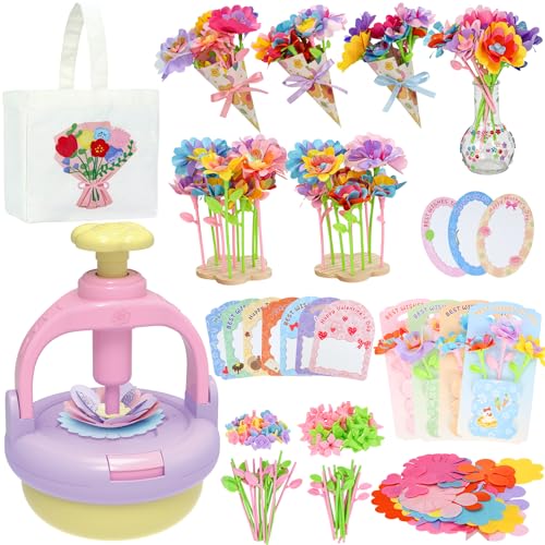 DIY Flowers Craft Kit for Girls, Flower Bouquet Maker Machine with 120 Fabric Petals, 14 Greeting Cards, Gift Wrap, Vase & Storage Bag, Creative Floral Arts and Crafts Toy for Kids Ages 3-12